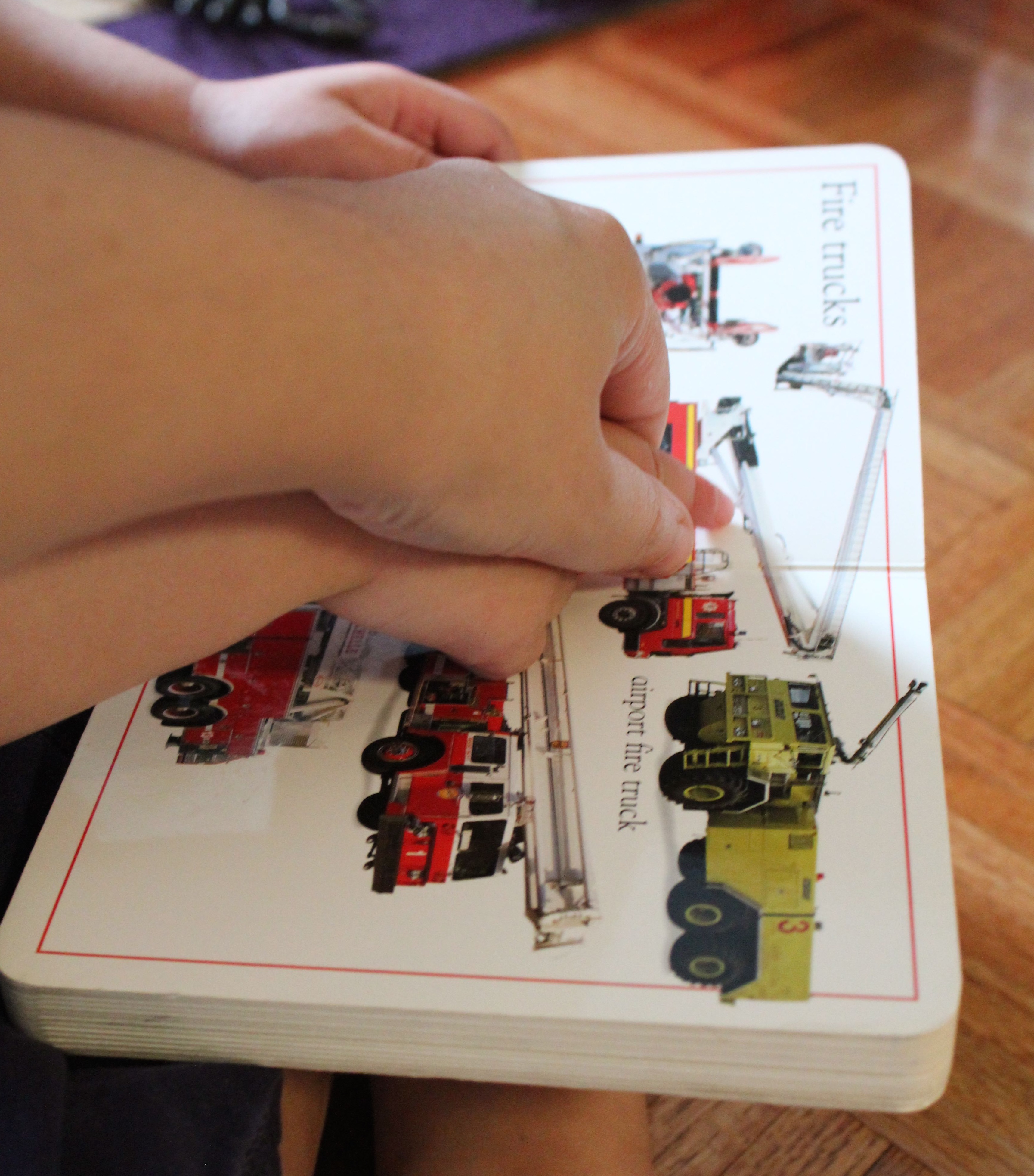 I use the hand-over-hand prompting method to help Luke learn to point to show the fire trucks.