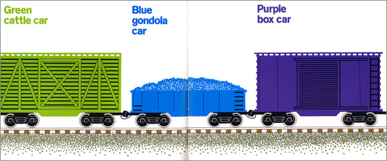 interior image for Freight Train by Donald Crews: "Green cattle car / Blue gondola car / Purple box car"