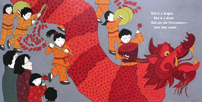 interior page for Red is a Dragon by Roseanne Thong: "Red is a dragon / Red is a drum / Red are the firecrackers — here they come!"