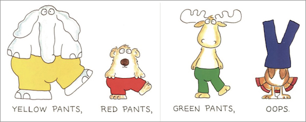 interior page from Blue Hat, Green Hat: "Yellow Pants Red Pants, Green Pants, Oops."