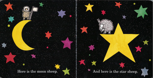 interior page of Where is the Green Sheep:"Here is the moon sheep. And here is the star sheep."